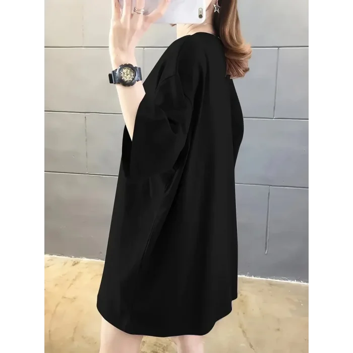 Kadın Tişört Penye Compack Baskılı Oversize Bisiklet Yaka T-shirt - Siyah