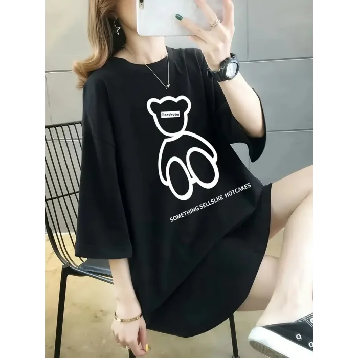 Kadın Tişört Penye Compack Baskılı Oversize Bisiklet Yaka T-shirt - Siyah