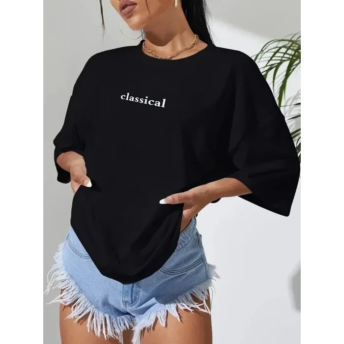 Kadın T-shirt Penye Compack Classical Baskılı Kısa kol Tişört - Siyah