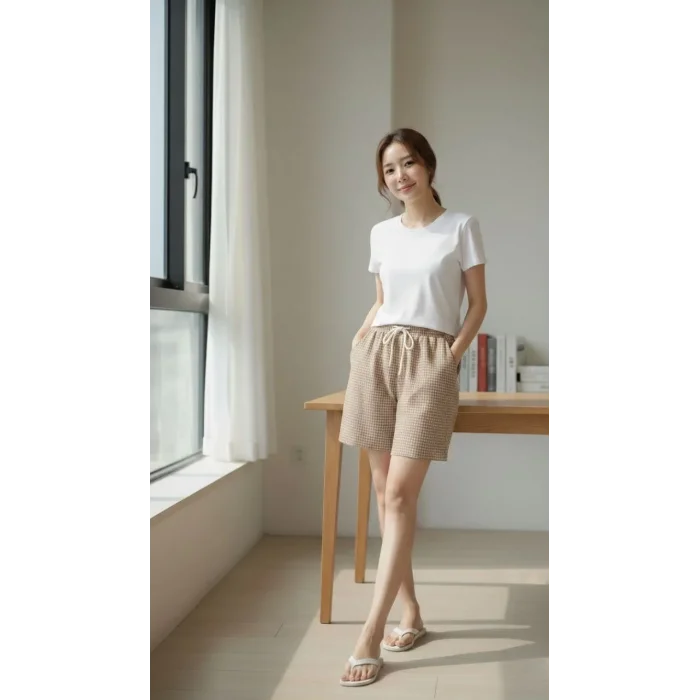 Kadın Pötikareli Şort Beli Lastikli Bağcıklı Cepli Kesim Şort - Bej