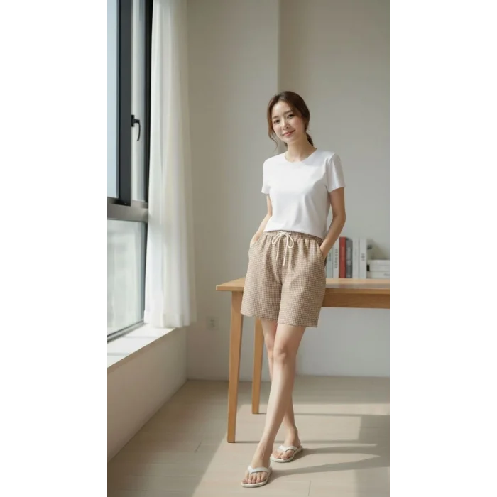 Kadın Pötikareli Şort – Beli Lastikli Bağcıklı, Cepli, Rahat Kesim Günlük Yazlık Şort - Bej