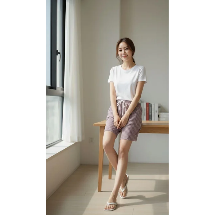 Kadın Pötikareli Şort – Beli Lastikli Bağcıklı, Cepli, Rahat Kesim Günlük Yazlık Şort - Gül Kurusu