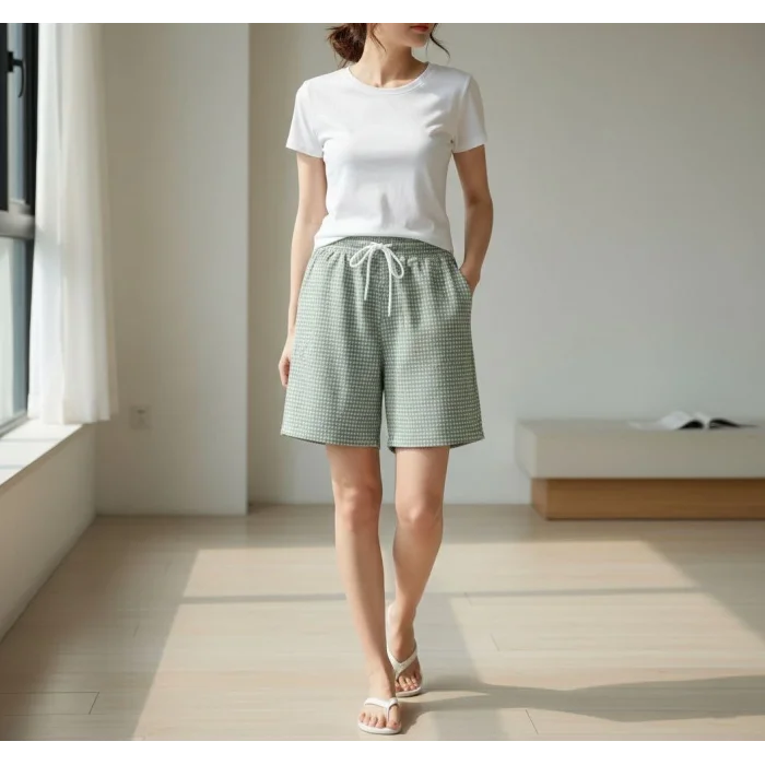 Kadın Pötikareli Şort – Beli Lastikli Bağcıklı, Cepli, Rahat Kesim Günlük Yazlık Şort - Mint Yeşili