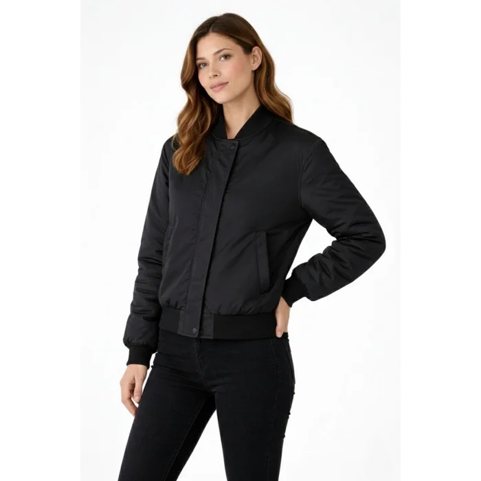 Kadın Premium Bomber Ceket Çıtçıt Kapamalı, Ribana Manşetli, Astarlı, Regular Fit Mont - Siyah
