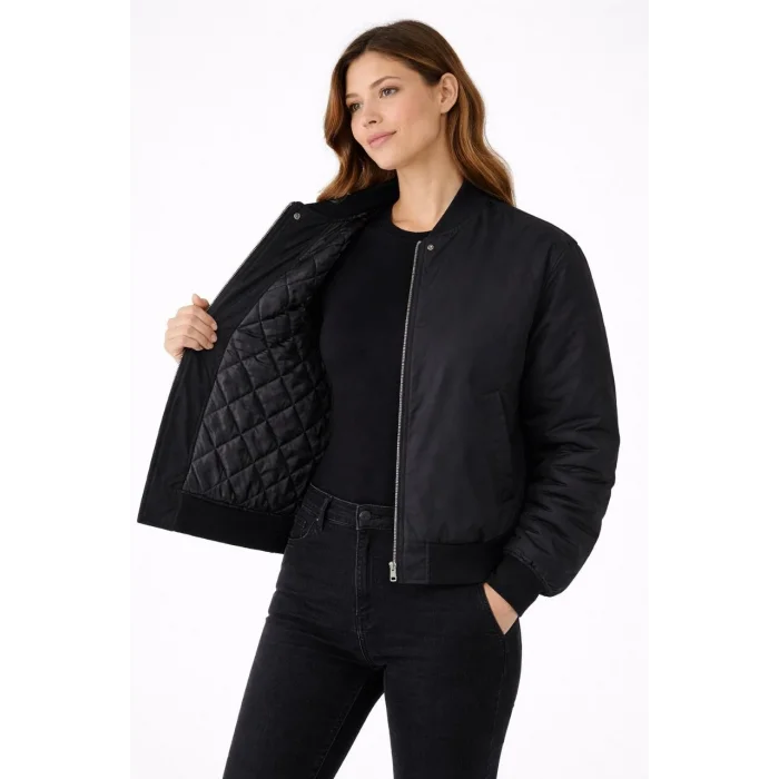 Kadın Premium Bomber Ceket Çıtçıt Kapamalı, Ribana Manşetli, Astarlı, Regular Fit Mont - Siyah