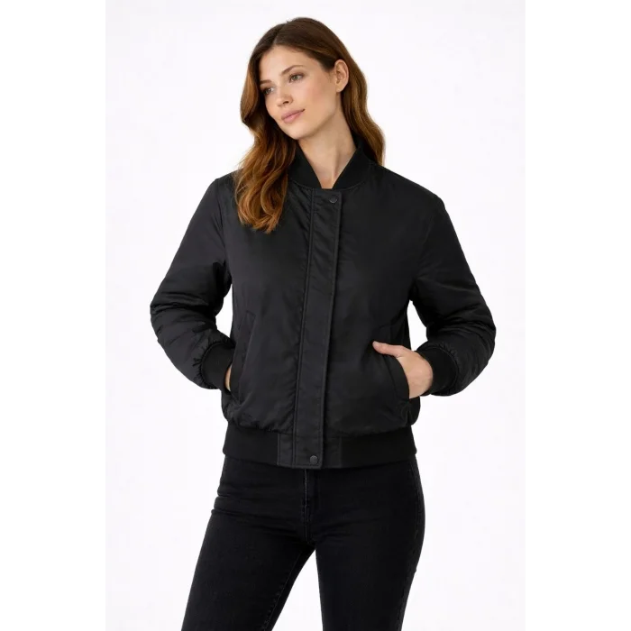 Kadın Premium Bomber Ceket Çıtçıt Kapamalı, Ribana Manşetli, Astarlı, Regular Fit Mont - Siyah