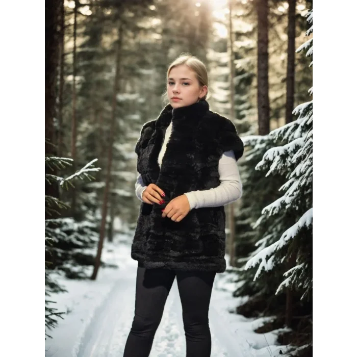Kadın Premium Doğal Kolsuz Kürk - Siyah