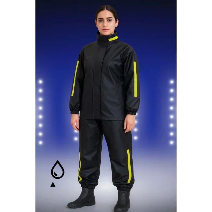 Kadın Premium Motorcu Kurye Yağmurluk Takım Su Geçirmez PVC Reflektörlü Siyah