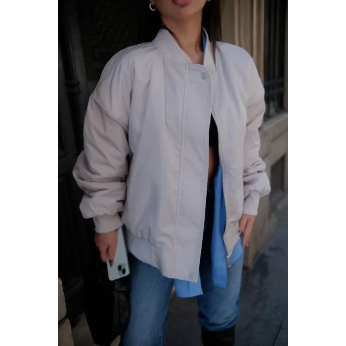 Kadın Prenıum Cepli Bomber Ceket Mont - Beyaz