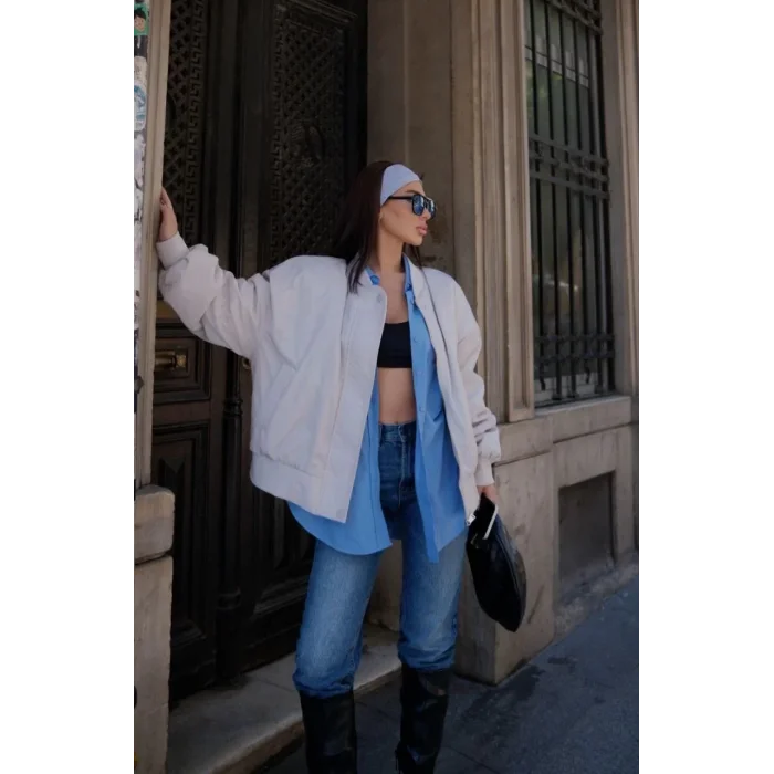 Kadın Prenıum Cepli Bomber Ceket Mont - Beyaz