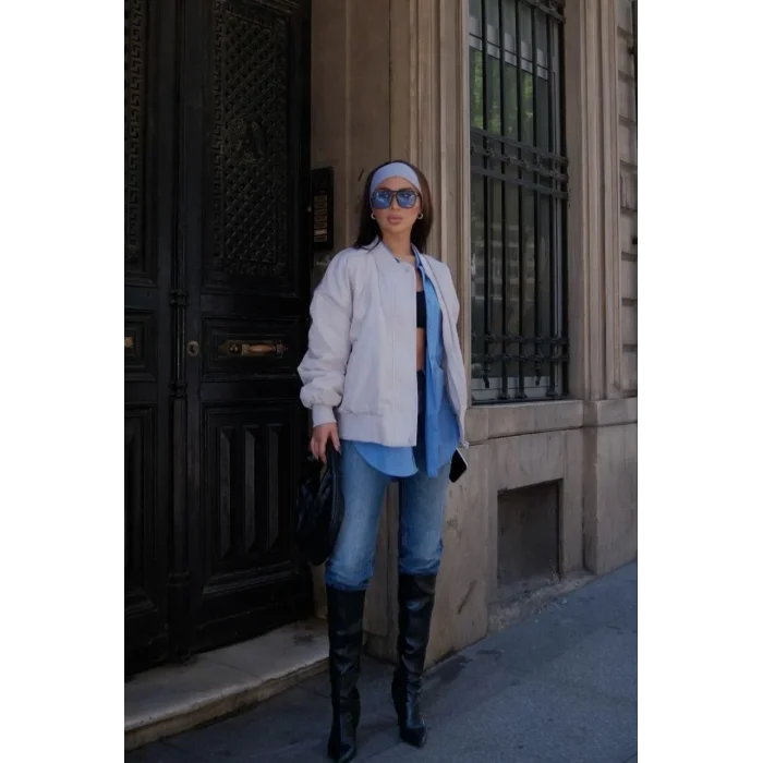 Kadın Prenıum Cepli Bomber Ceket Mont - Beyaz