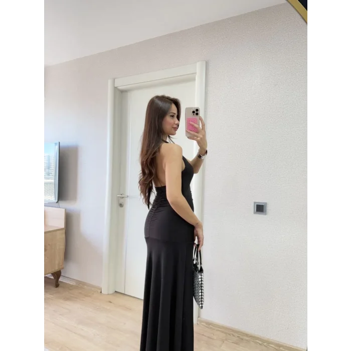 Kadın Sırt dekolteli Uzun Elbise - Siyah