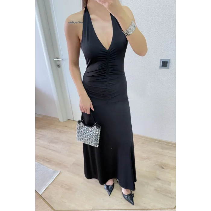 Kadın Sırt dekolteli Uzun Elbise - Siyah
