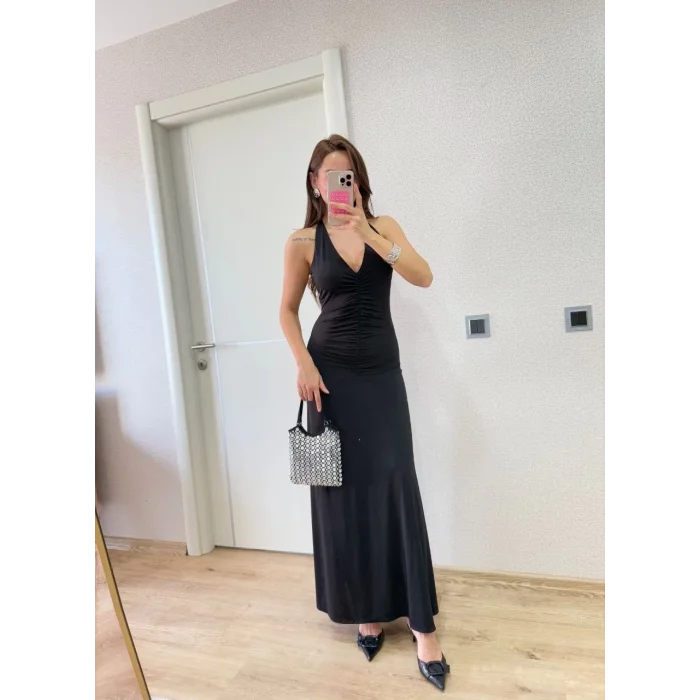 Kadın Sırt dekolteli Uzun Elbise - Siyah
