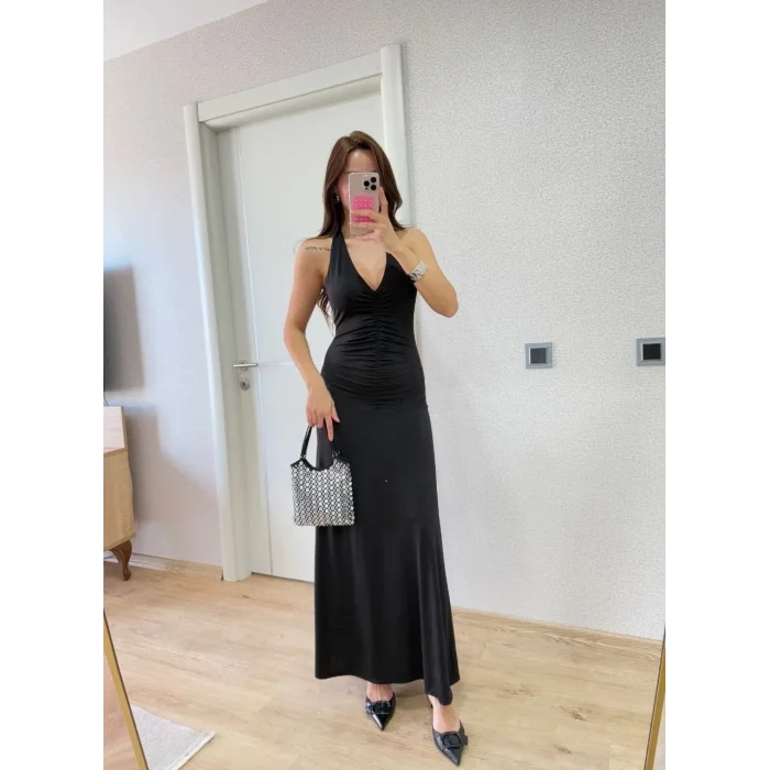 Kadın Sırt dekolteli Uzun Elbise - Siyah