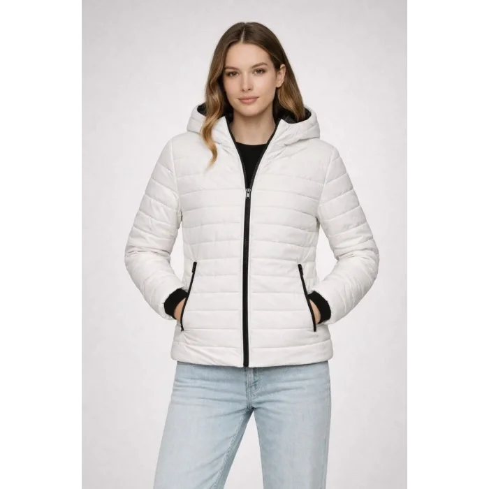 KADIN Şişme Kapüşonlu Fermuarlı Mont Su İtici Kapitone Cepli Ceket - Krem