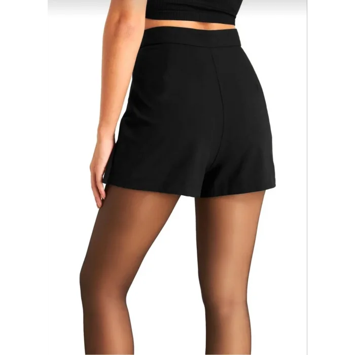 Kadın Siyah Krep Kumaş Şortlu Etek Mini Boy Yırtmaç Detaylı Yüksek Bel Günlük Şık Tasarım - Siyah