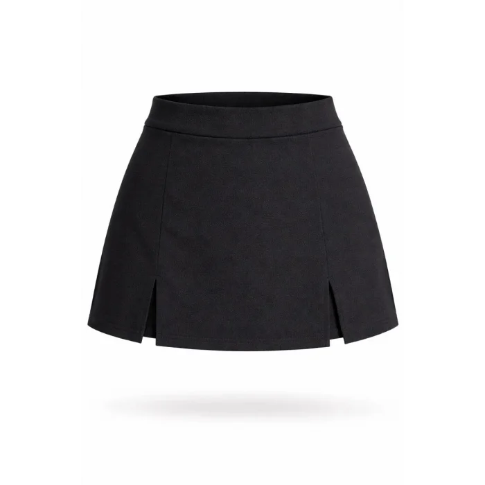 Kadın Siyah Krep Kumaş Şortlu Etek Mini Boy Yırtmaç Detaylı Yüksek Bel Günlük Şık Tasarım - Siyah