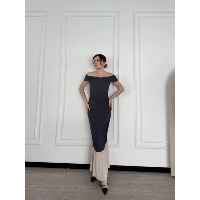 Kadın Striptiz Omuzlu Uzun Elbise- Füme