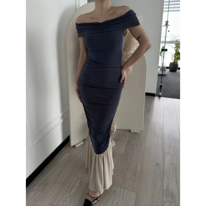 Kadın Striptiz Omuzlu Uzun Elbise- Füme