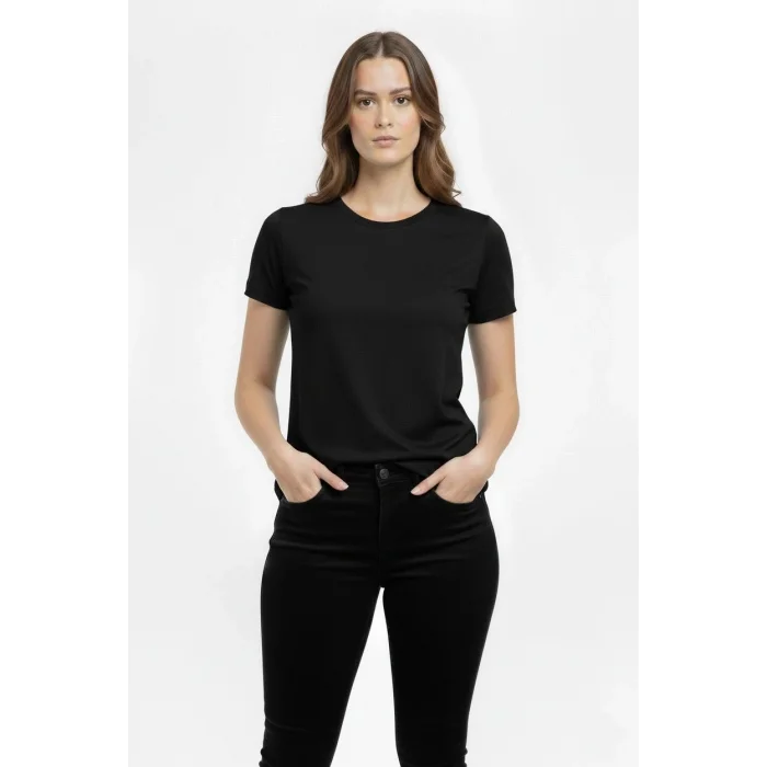 Kadın T-Shirt Bisiklet Yaka Slim Fit Likralı Tişört Günlük Basic Body - Siyah