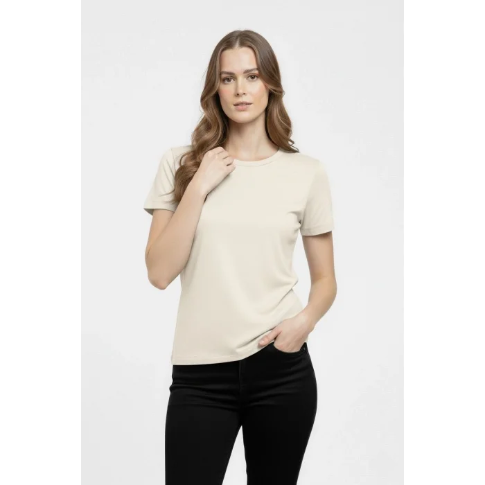 Kadın T-Shirt Bisiklet Yaka Slim Fit Likralı Tişört Günlük Basic Body - Taş