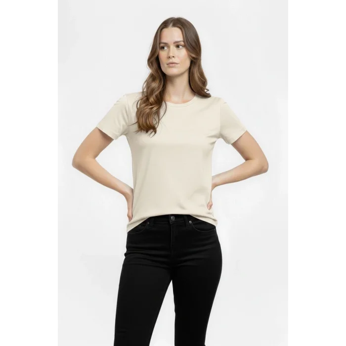 Kadın T-Shirt Bisiklet Yaka Slim Fit Likralı Tişört Günlük Basic Body - Taş