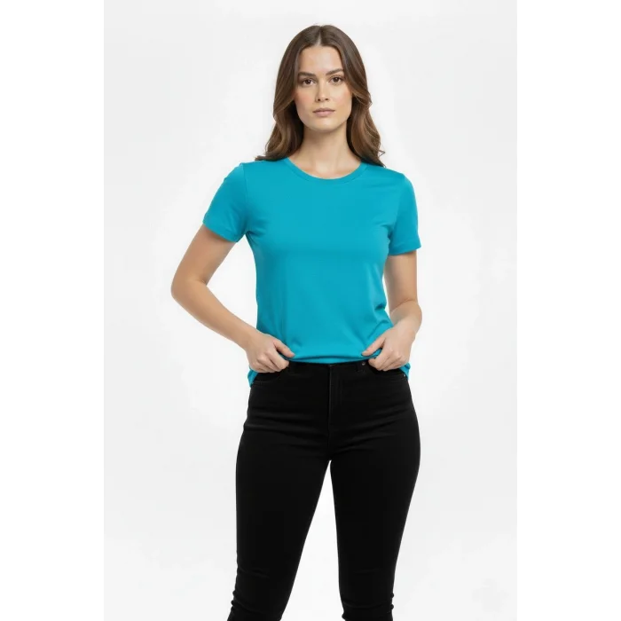 Kadın T-Shirt Bisiklet Yaka Slim Fit Likralı Tişört Günlük Basic Body - Turkuvaz