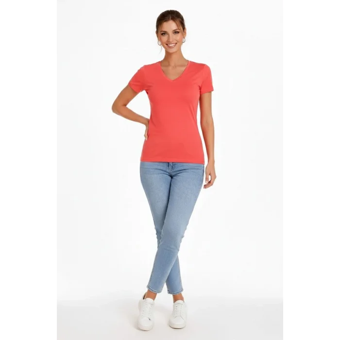 Kadın T-Shirt V Yaka Slim Fit Likralı Tişört Günlük Basic Body - Nar Çiçeği
