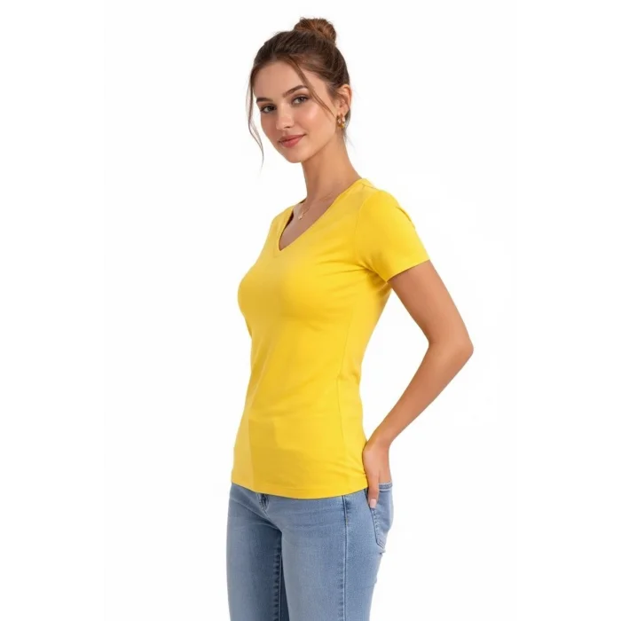 Kadın T-Shirt V Yaka Slim Fit Likralı Tişört Günlük Basic Body - Sarı