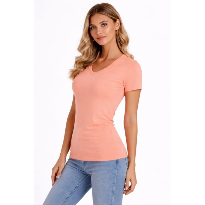 Kadın T-Shirt V Yaka Slim Fit Likralı Tişört Günlük Basic Body - Toz Pembe