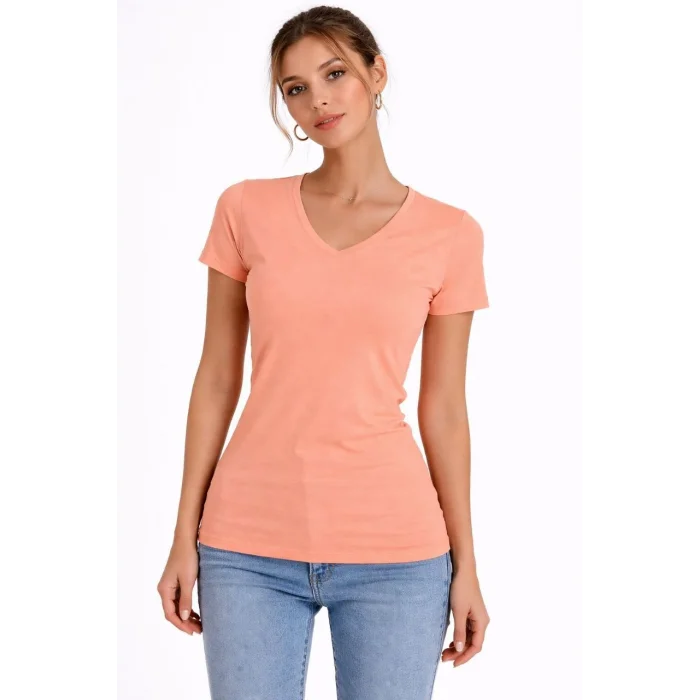 Kadın T-Shirt V Yaka Slim Fit Likralı Tişört Günlük Basic Body - Toz Pembe