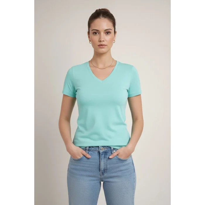 Kadın T-Shirt V Yaka Slim Fit Likralı Tişört Günlük Basic Body - Turkuvaz