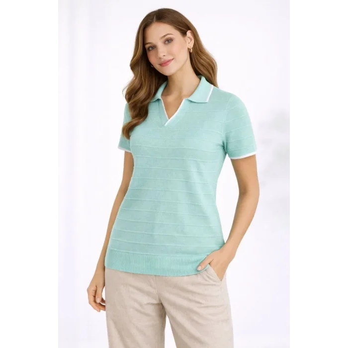 Kadın Yazlık Dokuma Triko Tişört Düğmesiz Polo Yaka Kısa Kol T-Shirt - Mint Yeşili