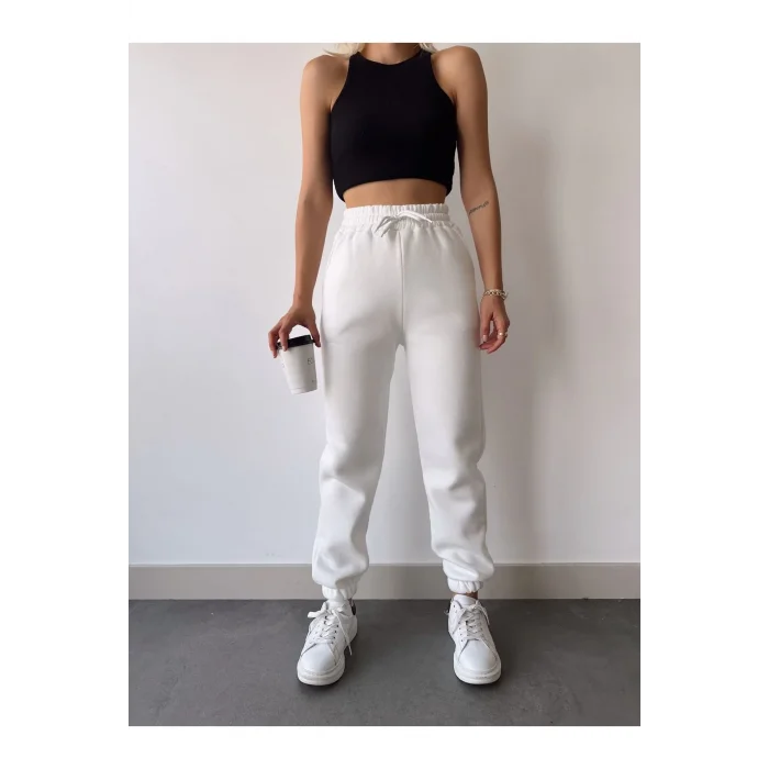Kadın 3 iplik Pamuklu Paça Lastikli Eşofman Pantolon - Beyaz