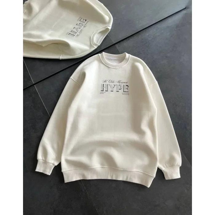 Kadın 3 İplik Pamuklu Bisiklet Yaka Baskılı SweatShirt - Beyaz