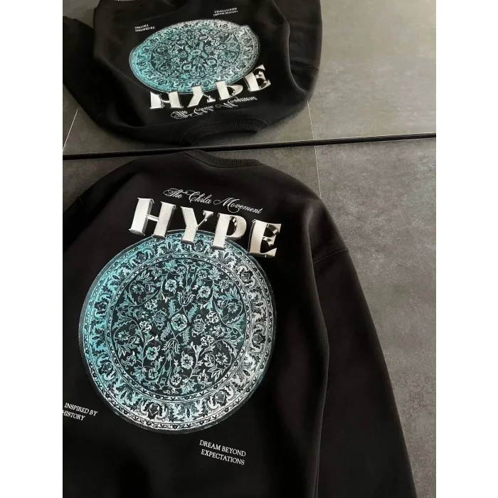 Kadın 3 İplik Pamuklu Bisiklet Yaka Baskılı SweatShirt - Siyah