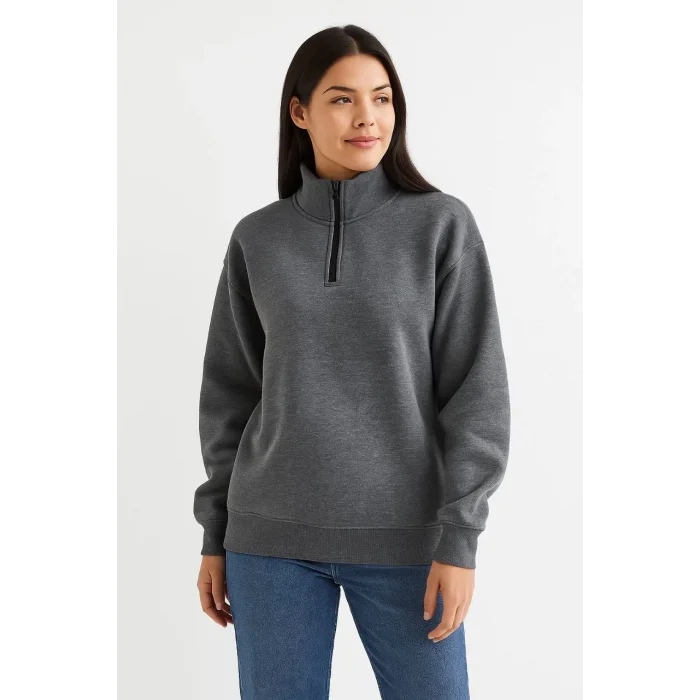 Kadın 3 İplik Pamuklu Dık Yaka Yarım Fermuarlı SweatShirt - Antrasit