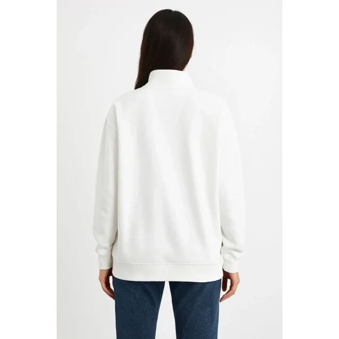 Kadın 3 İplik Pamuklu Dık Yaka Yarım Fermuarlı SweatShirt - Beyaz