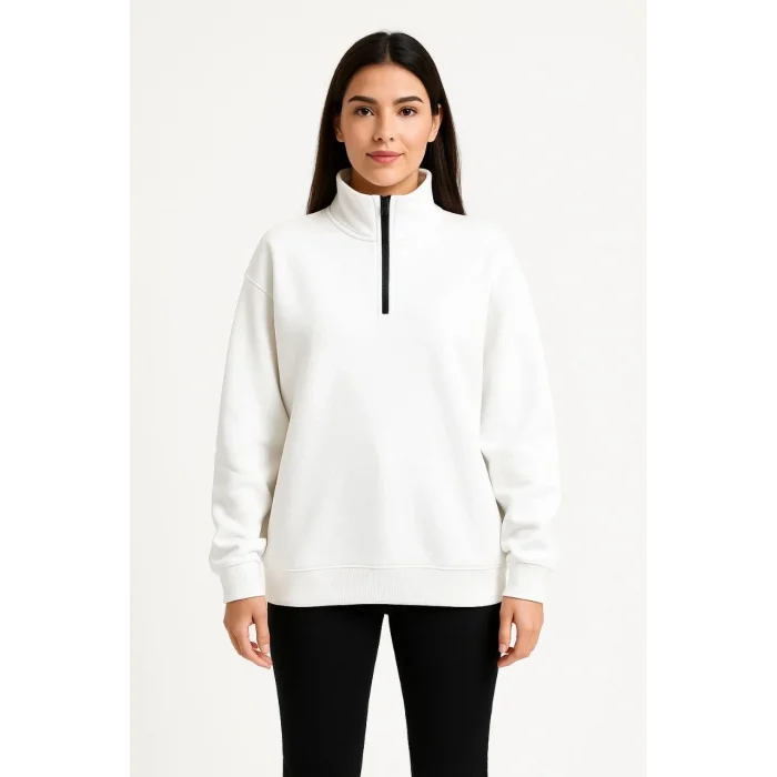 Kadın 3 İplik Pamuklu Dık Yaka Yarım Fermuarlı SweatShirt - Beyaz