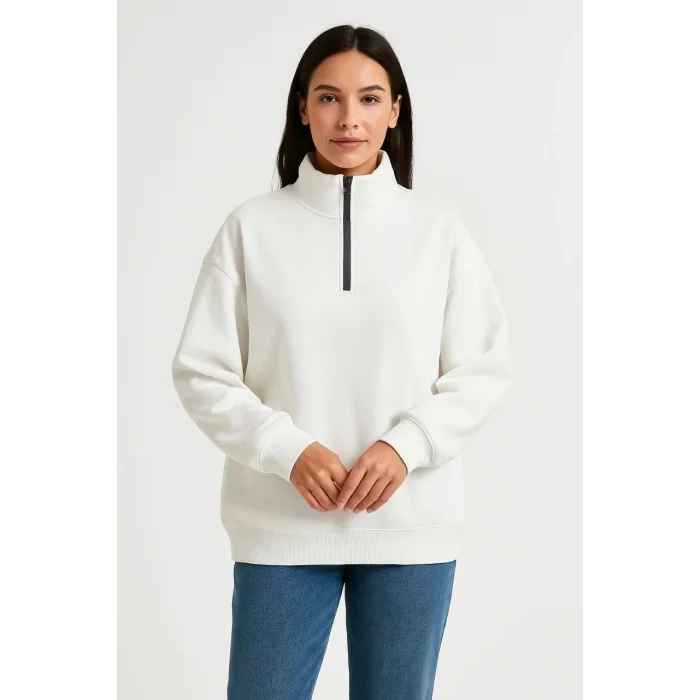 Kadın 3 İplik Pamuklu Dık Yaka Yarım Fermuarlı SweatShirt - Beyaz