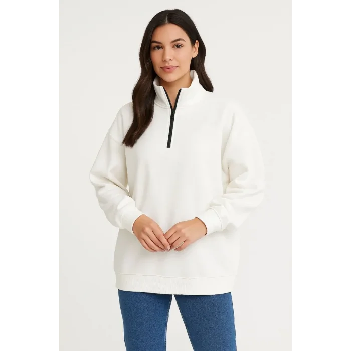 Kadın 3 İplik Pamuklu Dık Yaka Yarım Fermuarlı SweatShirt - Beyaz