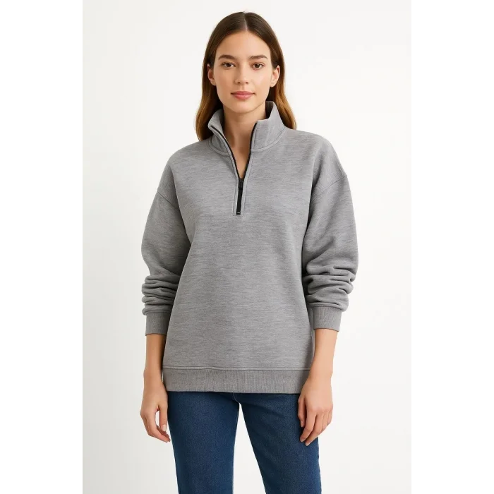 Kadın 3 İplik Pamuklu Dık Yaka Yarım Fermuarlı SweatShirt - Gri