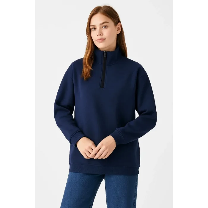 Kadın 3 İplik Pamuklu Dık Yaka Yarım Fermuarlı SweatShirt - Lacivert