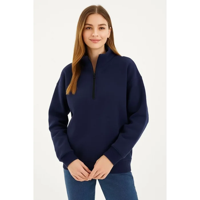 Kadın 3 İplik Pamuklu Dık Yaka Yarım Fermuarlı SweatShirt - Lacivert