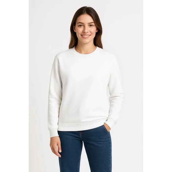Kadın 3 İplik Pamuklu Düz Bisiklet Yaka SweatShirt - Beyaz