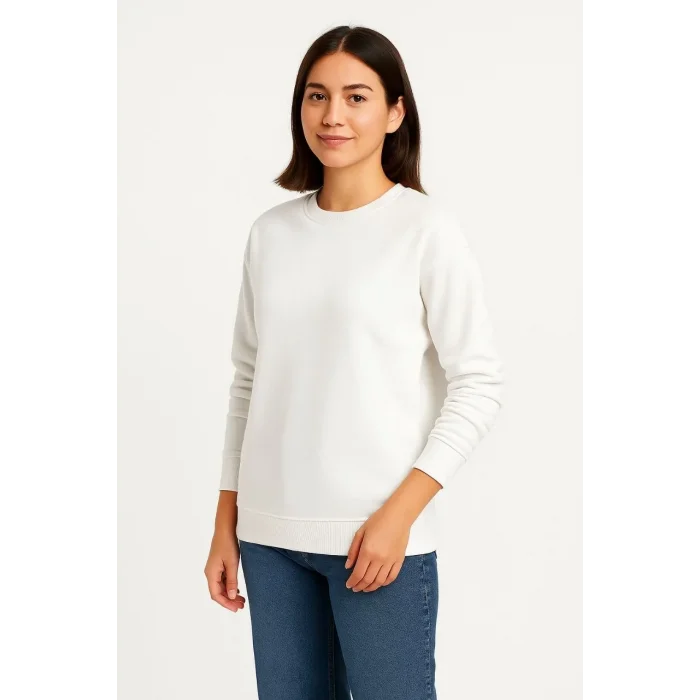 Kadın 3 İplik Pamuklu Düz Bisiklet Yaka SweatShirt - Beyaz