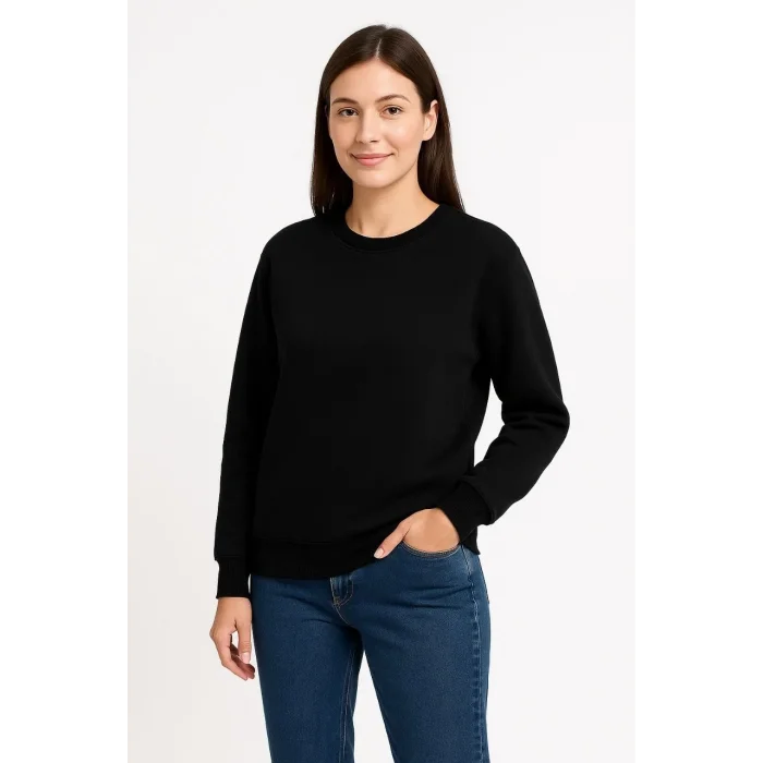 Kadın 3 İplik Pamuklu Düz Bisiklet Yaka SweatShirt - Siyah