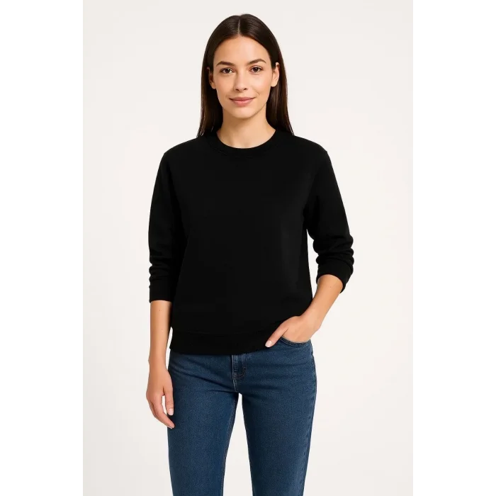 Kadın 3 İplik Pamuklu Düz Bisiklet Yaka SweatShirt - Siyah