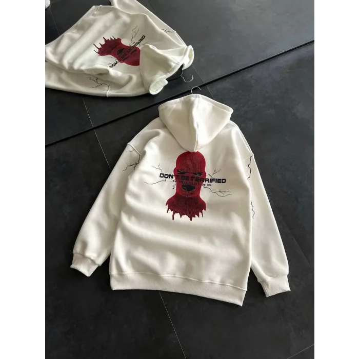 Kadın Kapüşonlu Kanguru Cepli Sweatshirt 3 İplik Pamuklu Baskılı Hoodie - Beyaz